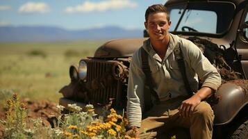 retrò foto di bello giovane cowboy uomo seduta nel davanti di un vecchio auto nel nz campagna.