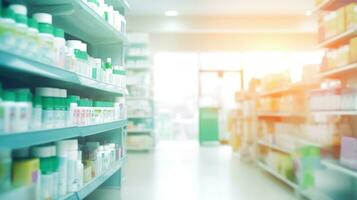 sfocato farmacia scaffali - farmaceutico prodotti e medicina sfondo - generativo ai foto