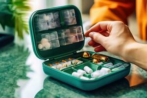assunzione farmaci a partire dal personale pillola scatola - generativo ai foto