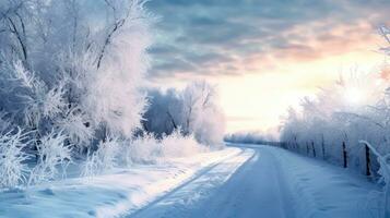 nevoso foresta Paese delle meraviglie sotto il inverno sole - generativo ai foto