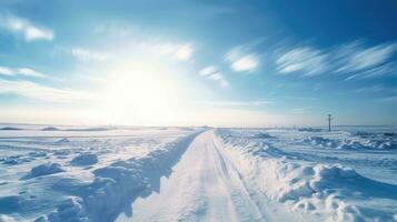 panoramico inverno guidare su un' nevoso strada - generativo ai foto