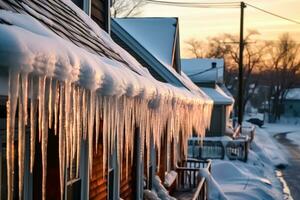 bellissimo ghiaccioli su innevato Casa - generativo ai foto