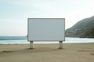 un' grande strada tabellone per pubblicità contro il sfondo di il mare e rocce. ai generato foto