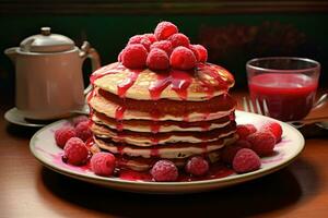 Pancakes con lamponi nel un' piatto. ai generato foto