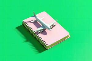 aereo modello su taccuino - viaggio itinerario e volo programma - generativo ai foto