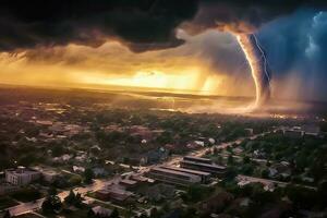 tornado caos nel il grande città - generativo ai foto