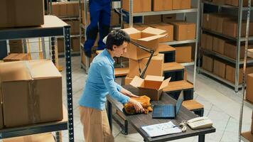 donna dipendente assunzione forniture a partire dal magazzino scaffali e mettendo loro nel cartone scatole, utilizzando pacchi per consegna. giovane adulto scrittura inventario informazione su computer portatile, la logistica. foto