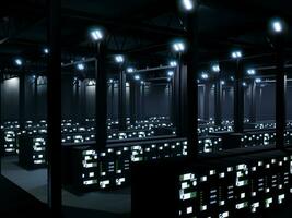 moderno Banca dati centro con server su cremagliere, esso spazio Usato per globale supercomputer Conservazione. server camera con luci tremolante, nube calcolo e neurale Rete. 3d rendere animazione. foto
