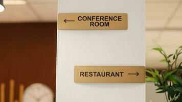 vicino su di indicazioni segni per ristorante, conferenza camera e terme centro servizi. Hotel strutture segni su viaggio vacanza alloggio ricorrere sala parete, fiocco su tiro foto