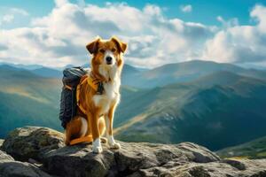 montagna spedizione - carino cane attrezzata per avventura con zaino - generativo ai foto