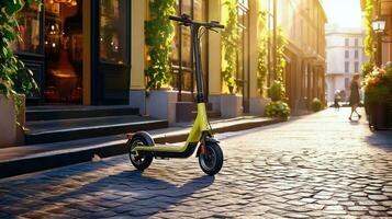 eco-friendly città commutare su un elettrico scooter - generativo ai foto