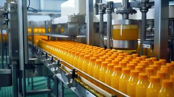 fabbrica trasportatore sistema con bottiglie di fresco arancia succo - generativo ai foto