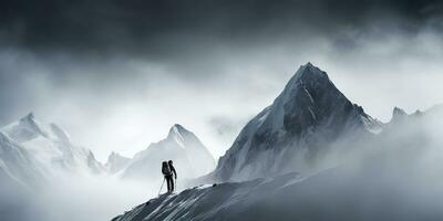 ai generato. ai generativo. inverno neve ghiaccio montagna escursioni a piedi il trekking esplorazione avventura attivo stile di vita motivazione paesaggio sfondo. grafico arte foto