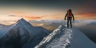 ai generato. ai generativo. inverno neve ghiaccio montagna escursioni a piedi il trekking esplorazione avventura attivo stile di vita motivazione paesaggio sfondo. grafico arte foto