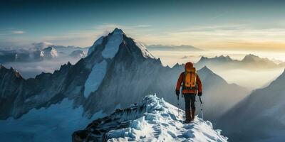 ai generato. ai generativo. inverno neve ghiaccio montagna escursioni a piedi il trekking esplorazione avventura attivo stile di vita motivazione paesaggio sfondo. grafico arte foto