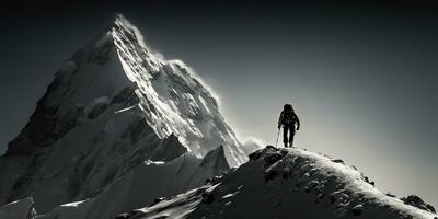 ai generato. ai generativo. inverno neve ghiaccio montagna escursioni a piedi il trekking esplorazione avventura attivo stile di vita motivazione paesaggio sfondo. grafico arte foto