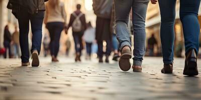 ai generato. ai generativo. folla persone a piedi strada gambe nel scarpe. città urbano sfondo. grafico arte foto