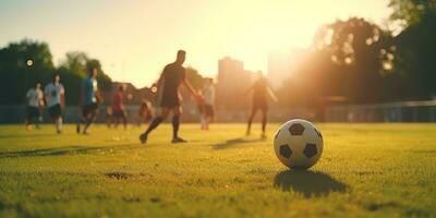 ai generato. ai generativo. calcio calcio gioco su verde campo. attivo sport in forma formazione sfondo. grafico arte foto