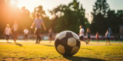 ai generato. ai generativo. calcio calcio gioco su verde campo. attivo sport in forma formazione sfondo. grafico arte foto