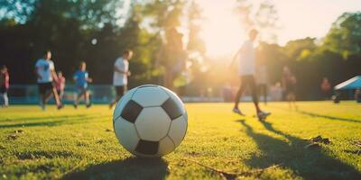 ai generato. ai generativo. calcio calcio gioco su verde campo. attivo sport in forma formazione sfondo. grafico arte foto