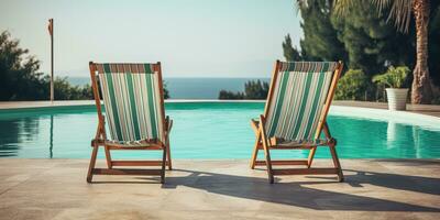 ai generato. ai generativo. Due di legno dec sedie a nuoto piscina. vacanza rilassante Hotel volta. grafico arte foto