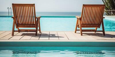 ai generato. ai generativo. Due di legno dec sedie a nuoto piscina. vacanza rilassante Hotel volta. grafico arte foto