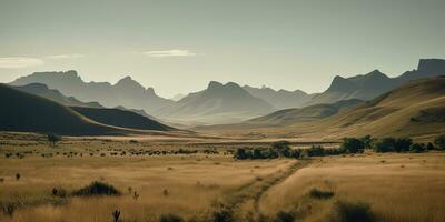 ai generato. ai generativo. selvaggio all'aperto natura Sud Africa paesaggio sfondo con montagne e campo. grafico arte foto