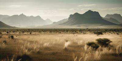 ai generato. ai generativo. selvaggio all'aperto natura Sud Africa paesaggio sfondo con montagne e campo. grafico arte foto