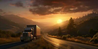 ai generato. ai generativo. camion auto mobile a strada autostrada parcheggio con tramonto nazione lato paesaggio sfondo. grafico arte foto