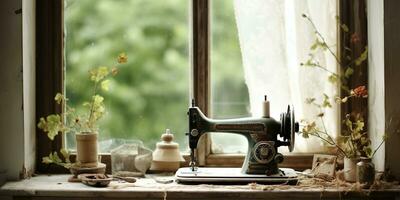 ai generato. ai generativo. Vintage ▾ retrò cucire macchina su finestra con fiori. decorativo casa accogliente sfondo. grafico arte foto