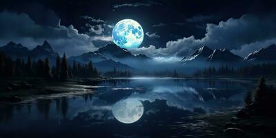 ai generato. ai generativo. sera notte natura all'aperto paesaggio sfondo pieno Luna e montagne. grafico arte foto