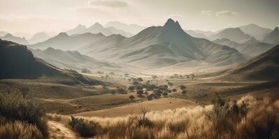 ai generato. ai generativo. selvaggio all'aperto natura Sud Africa paesaggio sfondo con montagne e campo. grafico arte foto