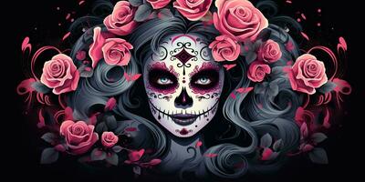 ai generato. ai generativo. muertos messicano latino giorno di il morto vacanza carnevale donna rendere su zucchero cranio viso. bellissimo donna con Halloween foto