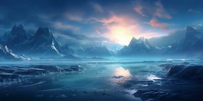 ai generato. ai generativo. inverno ghiaccio neve congelato lago natura all'aperto sfondo con montagne paesaggio. grafico arte foto