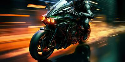 ai generato. ai generativo. motocicletta motociclista ciclista su sport futuro motociclo nel movimento muoversi. cyberpunk synthwave vibrazione. grafico arte foto