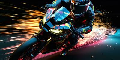 ai generato. ai generativo. motocicletta motociclista ciclista su sport futuro motociclo nel movimento muoversi. cyberpunk synthwave vibrazione. grafico arte foto