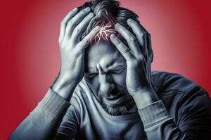 sperimentare intenso dolore - uomo soffre a partire dal acuto mal di testa - generativo ai foto