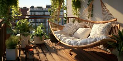 ai generato. ai generativo. terrazza balcone amaca a città urbano Casa edificio paesaggio con molti impianti sfondo. grafico arte foto