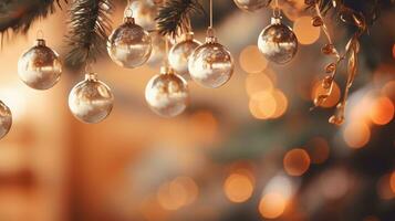 Natale albero ramo con brillante ornamenti e luci ai generativo foto