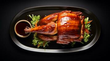 superiore Visualizza delizioso Pechino anatra cibo piatto su un' nero sfondo ai generato foto