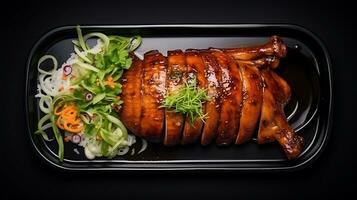 superiore Visualizza delizioso Pechino anatra cibo piatto su un' nero sfondo ai generato foto