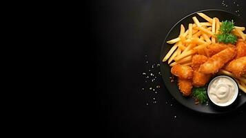 superiore Visualizza gustoso cibo pesce e patatine fritte piatto su un' nero sfondo ai generato foto