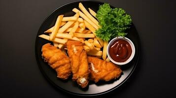 superiore Visualizza gustoso cibo pesce e patatine fritte piatto su un' nero sfondo ai generato foto