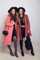 Due sorelle a passeggio. alto moda Guarda. di moda primavera Abiti. casuale Modelli in posa su grigio sfondo. spazio per testo. foto