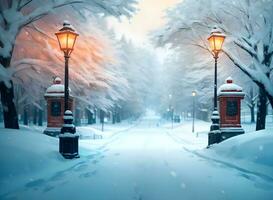 nevoso strada nel inverno con strada lampada ai generato foto