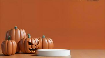 3d interpretazione Halloween Prodotto Schermo modello con zucca ai generato foto