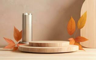 di legno podio Prodotto Schermo modello con autunno le foglie ai generato foto