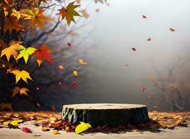 di legno podio Prodotto modello con autunno scena e acero le foglie ai generato foto