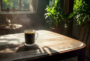 un' tazza di caldo caffè su tavolo ai generato foto