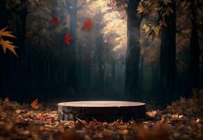 autunno podio Prodotto Schermo modello nel foresta ai generato foto